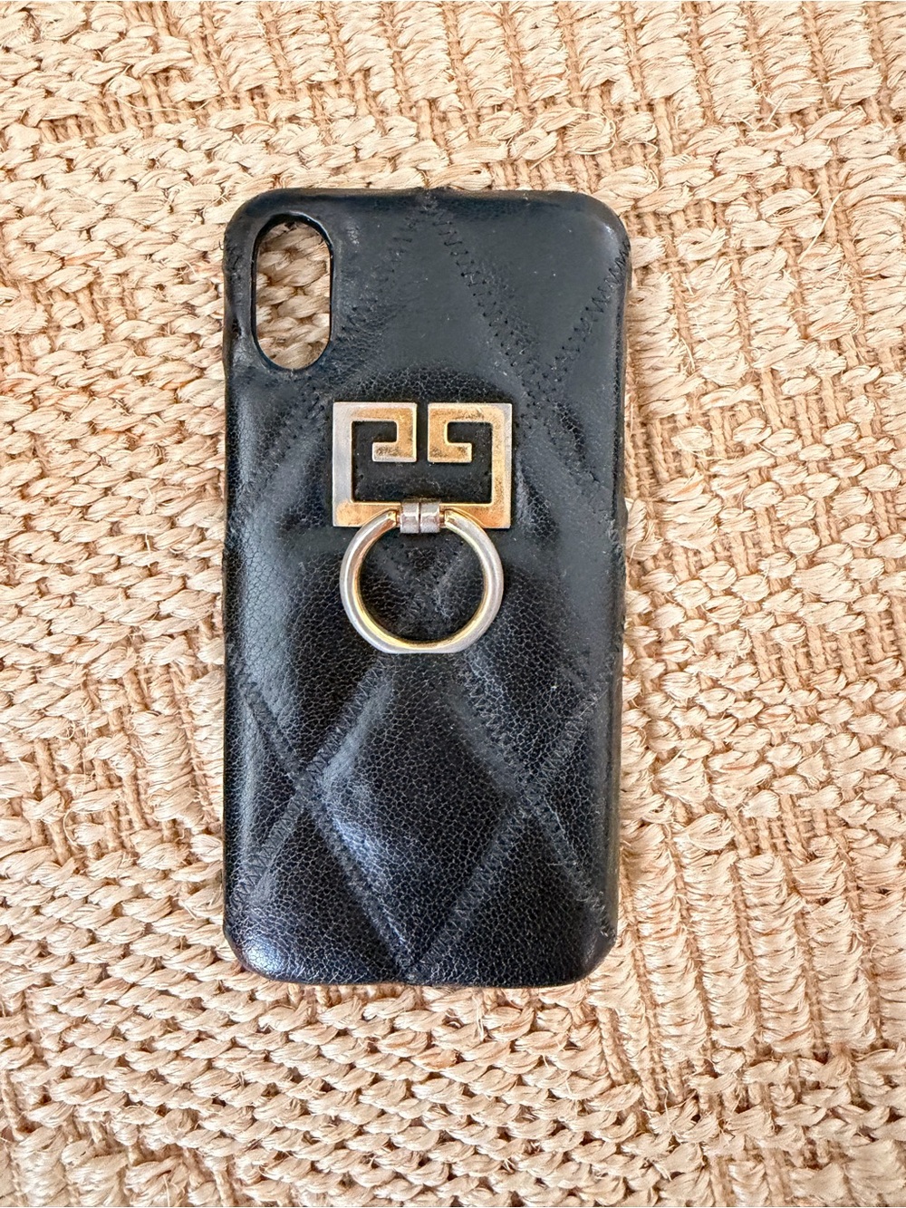 Givenchy Designer-Style Black Quilted Leather Phone Case with Gold Ring Accent